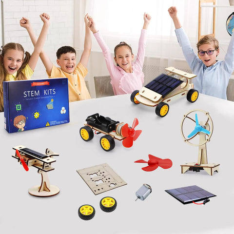 Kids excitedly assemble Hands On Solar And Wind STEM Kits For Kids Aged 8 9 10 11 12 Build A Solar Car Plane Wind Powered Car And Electric Fan This Cool And Fun Science Set For Family Bonding And Real World Learning For Boys And Girls Gift