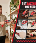 Heavy Duty Electric Box Cutter 3000mAh Cordless Cardboard Scissors With Safety Lock Rechargeable Battery For Leather Carpet Plastic Unpack And Crafts Quick High Speed Cutting Tool B-04 in use cutting various materials.