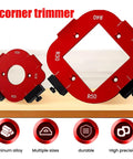 Red aluminum 4-in-1 rounded corner router template kit with edge guide and radius template for woodworking projects.