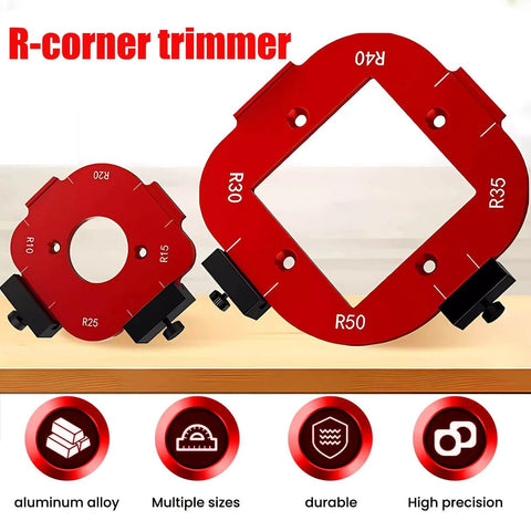 Red aluminum 4-in-1 rounded corner router template kit with edge guide and radius template for woodworking projects.