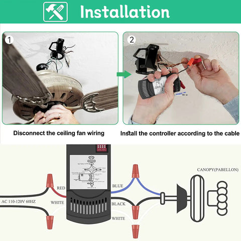 Installation guide for Universal Ceiling Fan Remote Control Kit with wiring diagram and controller setup.