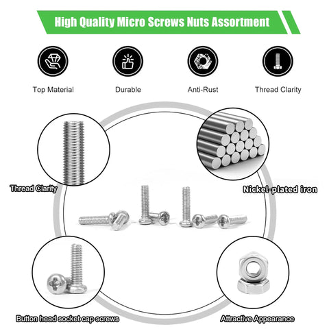 Pro Grade 600 Piece M1.4 Micro Screw Kit With Nickel Plated Screws Including 100 Each Length 3mm, 4mm, 5mm, 6mm And 8mm, 100 Nuts