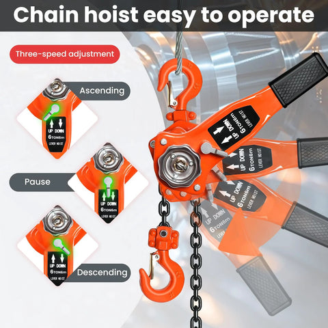 6 Ton Manual Lever Chain Hoist With 20 Ft Lift Height Heavy Duty Come Along Winch in operation, showing three-speed adjustment controls.