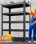 Man measuring 71.2 inch tall beefy heavy duty garage shelving unit with 2500 lb load capacity adjustable five tier metal standing shelves.