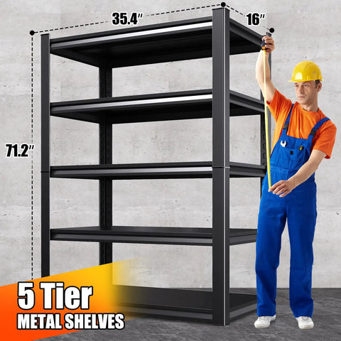 Man measuring 71.2 inch tall beefy heavy duty garage shelving unit with 2500 lb load capacity adjustable five tier metal standing shelves.