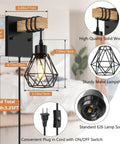 Killer Plug In Wall Sconces Set Of Two With Vintage Wood Accents And Matte Black Bases, featuring a metal lampshade and toggle switch.