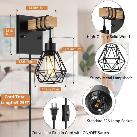 Killer Plug In Wall Sconces Set Of Two With Vintage Wood Accents And Matte Black Bases, featuring a metal lampshade and toggle switch.