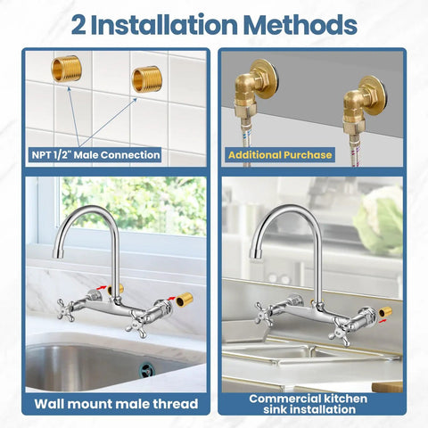 Wall Mount Commercial Kitchen Faucet With 360 Degree Swivel Spout 8 Inch Center Heavy Duty Solid Brass Body Chrome Finish installation
