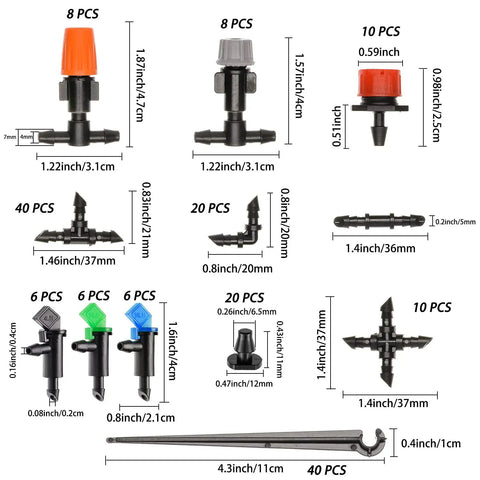 Diagram of Drip Irrigation Fittings Kit With Barbed Connectors for Quarter Inch Tubing 190 Pieces showing measurements and types.