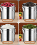 Heavyweight 304 Stainless Steel Food Storage Containers With Airtight Lids for rice, beans, tea, and grains on kitchen counter.