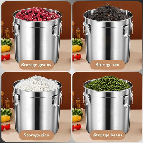 Heavyweight 304 Stainless Steel Food Storage Containers With Airtight Lids for rice, beans, tea, and grains on kitchen counter.