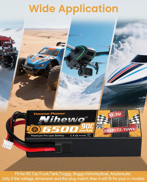 3S 11.1V 6500mAh 90C High Power Hard Case RC Battery With TR Plug And EC5 Adapter displayed with RC vehicles