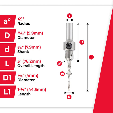 Built To Last Carbide Tipped Countersink Drill Bit With A Slick Slow Spiral Design And Straight Shooting 82 Degree Angle For No Sweat Screw Seating In Wood MDF Lumber And Aluminum Featuring A 5/16 Inch Round Shank specifications chart with measurements.