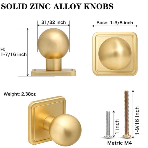 Slick Gold Zinc Alloy Cabinet Knobs With Premium Square Backplate And 1 Inch Round Ball Pulls for kitchen drawers, 1-7/16 inch height.