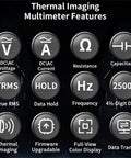 Thermal Imaging Multimeter features, showing DC/AC voltage, resistance, capacitance, True RMS, and more functions.