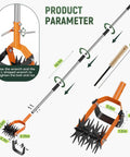 Diagram of 2 In 1 Rotary Garden Tiller And Weeder With Detachable Weed Knife, showing adjustable 73-inch handle and blade dimensions.