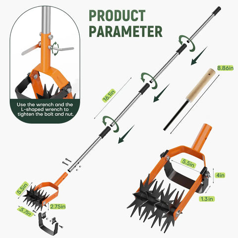 Diagram of 2 In 1 Rotary Garden Tiller And Weeder With Detachable Weed Knife, showing adjustable 73-inch handle and blade dimensions.