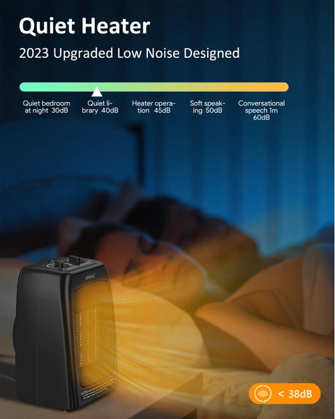 Compact Ceramic Space Heater With 1500W And 900W Modes, quiet operation in bedroom setting, focus on low noise design