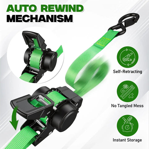 Heavy Duty Retractable Ratchet Straps Four Pack With Dual Pawl Lock One Inch By Eleven Feet Self Retracting Cargo Tie Downs showing auto rewind mechanism.