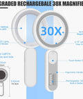 Rechargeable Lighted Magnifying Glass 30X 4.7 Inch Handheld Loupe With USB Charge Large Handy Lens and 21 LED lights.
