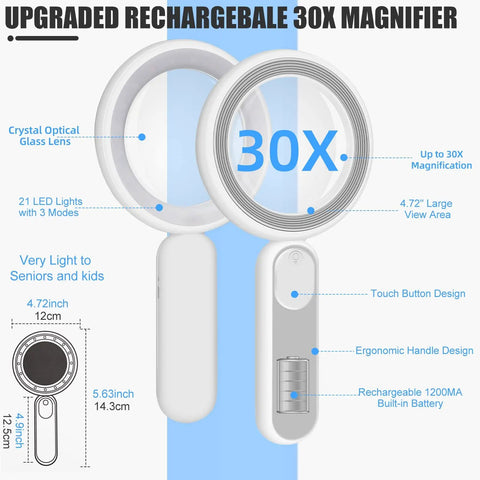 Rechargeable Lighted Magnifying Glass 30X 4.7 Inch Handheld Loupe With USB Charge Large Handy Lens and 21 LED lights.