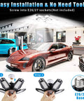 Two Pack 120W LED Garage Ceiling Lights, 12,000 Lumens Of Daylight 6500K installed in garage with cars, E26 E27 base shown