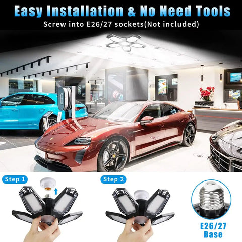 Two Pack 120W LED Garage Ceiling Lights, 12,000 Lumens Of Daylight 6500K installed in garage with cars, E26 E27 base shown