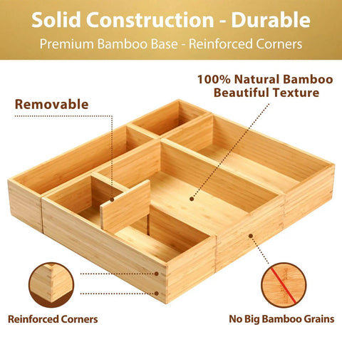 2.5 Inch High Bamboo Drawer Organizer With Five Rearrangeable Bins For Kitchen, Office, Makeup, Jewelry And Closet