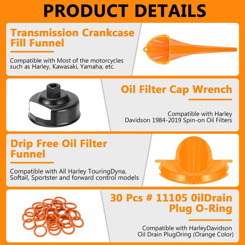 All In One Harley-Davidson Oil Change Kit With Filter Cap Wrench Fill Tools And Thirty O Rings Industrial Grade Heavy Duty Oil Filter Wrench And Fluorine Rubber O Rings For Long Lasting Heat Fuel And Chemical Resistance product details