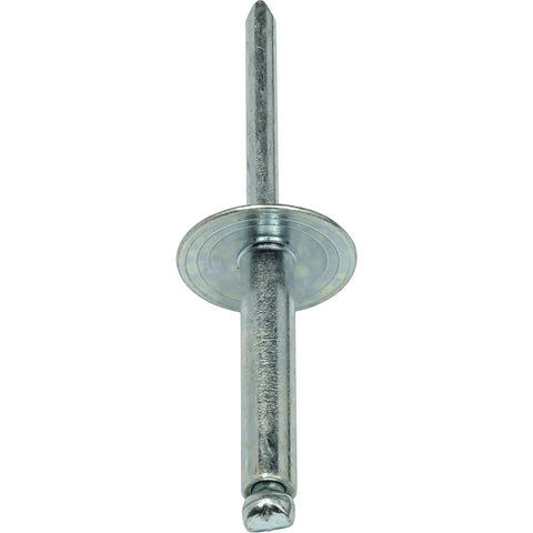 Heavy Duty Workhorse Large Flange Pop Rivets 1/4 X 3/4 Inch Zinc Coated Steel Twenty Five Pack showing steel body and large flange design.