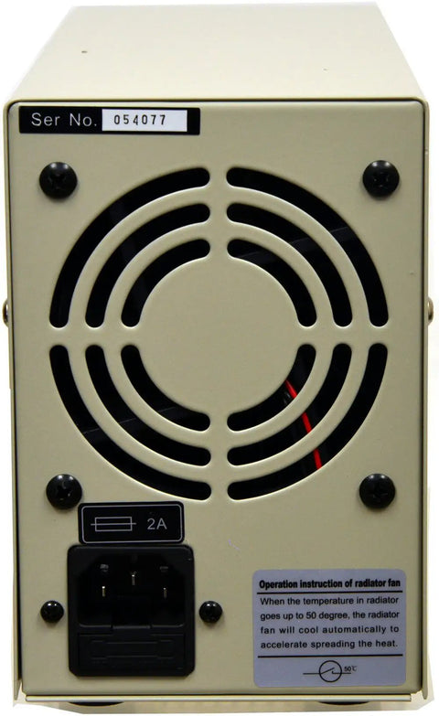 Back view of Beefy Lab Grade Variable DC Power Supply 0 To 18 Volts And 0 To 3 Amps with fan and power input details
