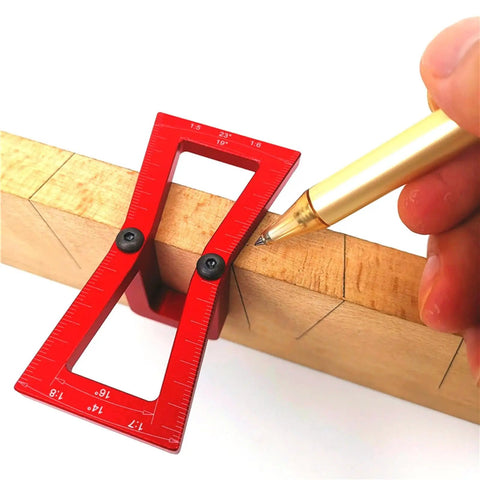 Top Shelf Aluminum Dovetail Marker Tool For Heavy Duty Woodworking Crafts And Shop Projects Slick Precision Guide with red grip marking wood.
