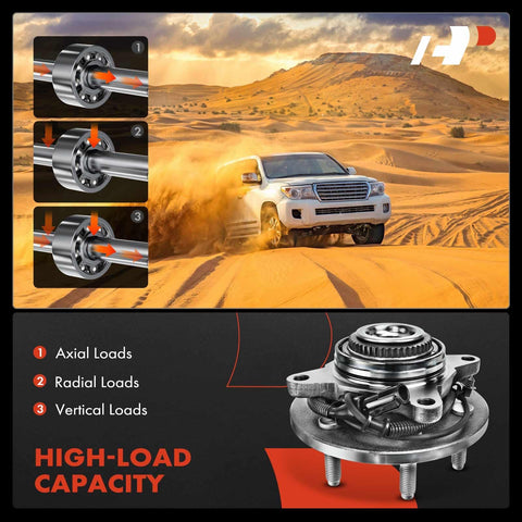 Front Wheel Bearing And Hub Assembly With ABS For Ford F 150 F150 2005 2006 2007 2008 And Lincoln Mark LT 2006 2007 2008 6 Lug 4WD AWD Replacement Kit Direct Fit - metal hub with high-load capacity diagram and SUV driving in desert