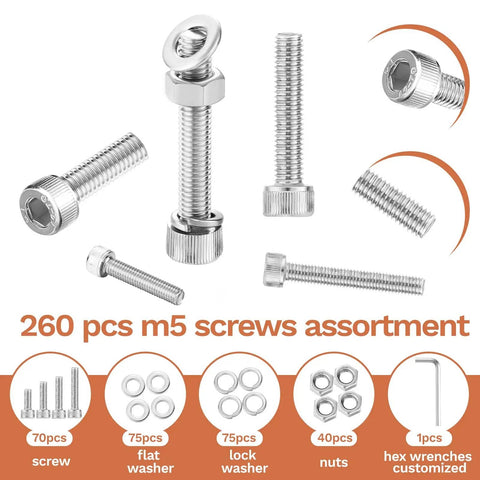 All Purpose M5 304 Stainless Steel Screws Kit With 260 Pieces For 3D Printers And Furniture showing screws, washers, nuts