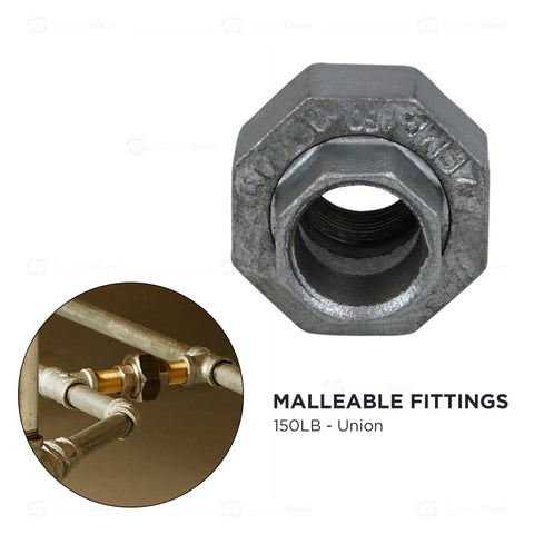 1-1/2 Inch Galvanized Malleable Iron Straight Union With Female Threaded Ends, 150 Lb Rating, Heavy Duty Pipe Fitting For Plumbing, UL ULC FM Approved; galvanized union close-up