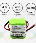 Four Point Eight Volt 400mAh NiMH Battery Pack Replacement for Emergency Exit Light showing voltage, capacity, and chemistry