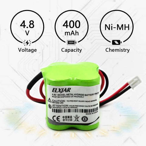 Four Point Eight Volt 400mAh NiMH Battery Pack Replacement for Emergency Exit Light showing voltage, capacity, and chemistry
