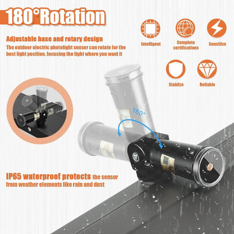 One Pack 120 To 277V AC Photocell Light Sensor Switch For Outdoor Lighting IP65 with 180° rotation on a wet surface.