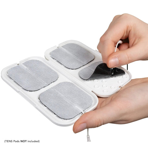 This Heavy Duty Tens Pad Holder Keeps Replacement Electrode Pads Tidy And Safe. A hand opening the case with two 2x2 therapy pads visible.