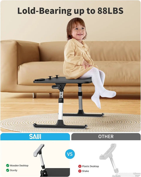 Child sitting on adjustable laptop desk tray for bed and couch portable folding table with 5 height levels and 4 tilt angles