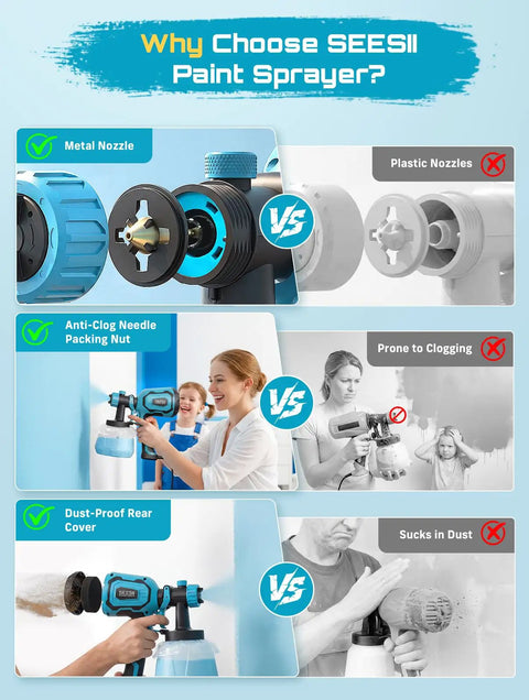 Comparison image of 700W HVLP Paint Gun With Four Swappable Nozzles And Three Spray Patterns featuring metal vs plastic nozzles.