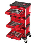 Premium Shop Rig Ready 366 Piece Master Mechanics Hand Tool Set With Heavy Duty 12 Drawer Rolling Cart displaying tools in open drawers.