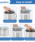 Five-step guide to installing 2 Pack HP102 Replacement Filter for vacuum cleaners, showing hands and filter placement.