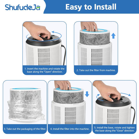 Five-step guide to installing 2 Pack HP102 Replacement Filter for vacuum cleaners, showing hands and filter placement.