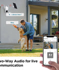 Man using phone to communicate via solar powered wireless outdoor security cam with 2K 3MP HD video and two-way audio feature.