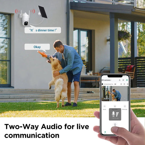 Man using phone to communicate via solar powered wireless outdoor security cam with 2K 3MP HD video and two-way audio feature.