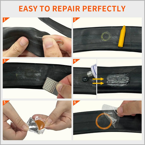 Step-by-step repair using 96 Round Inner Tube Patches 25mm Repair Kit For Bicycle Road Bike MTB BMX Scooter And Inflatable Tires