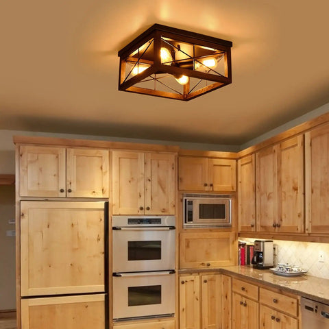 4-Light Farmhouse Flush Mount Ceiling Light With Black Rustic Finish, Wood Accents, E26 Base, Industrial Vintage Ceiling Fixture For Hallway, Entryway, Laundry, Kitchen And Bedroom Perfect For Hallways, Foyers And Other Living Areas For A Retro Vibe