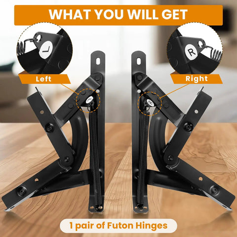 Adjustable Futon Hinges With Spring Mechanism Replacement smooth sofa to bed converter shown from the front on a wooden surface.