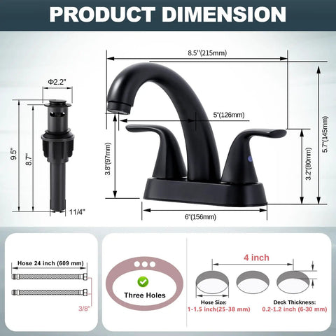 Dimensions of Matte Black Bathroom Sink Faucet 4 Inch Centerset 2 Handle With Pop Up Drain Stopper Lavatory Vanity Faucet 304 Stainless Steel Built To Last No Nonsense Durability CUPC CEC Certified